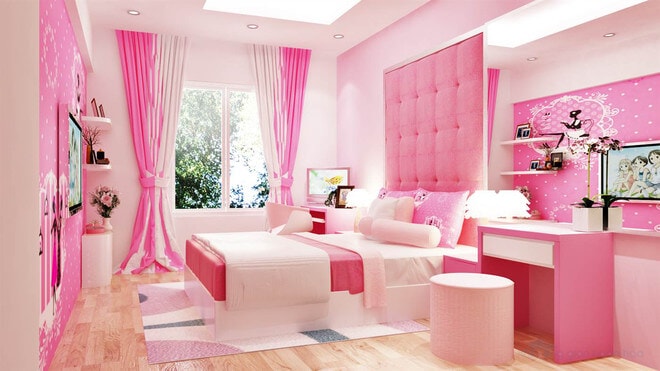 trang trí phòng ngủ màu hồng trắng