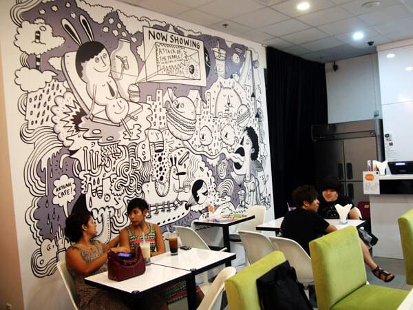 artease Cute cartoony wall designed by local artist Ee Shaun. vẽ tranh tường Mỹ Thuật Sen Việt